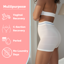 Load image into Gallery viewer, Woman wears Popped Disposable Postpartum Underwear and text explains it an be used for vaginal recovery, c-section recovery, period, and no-laundry days
