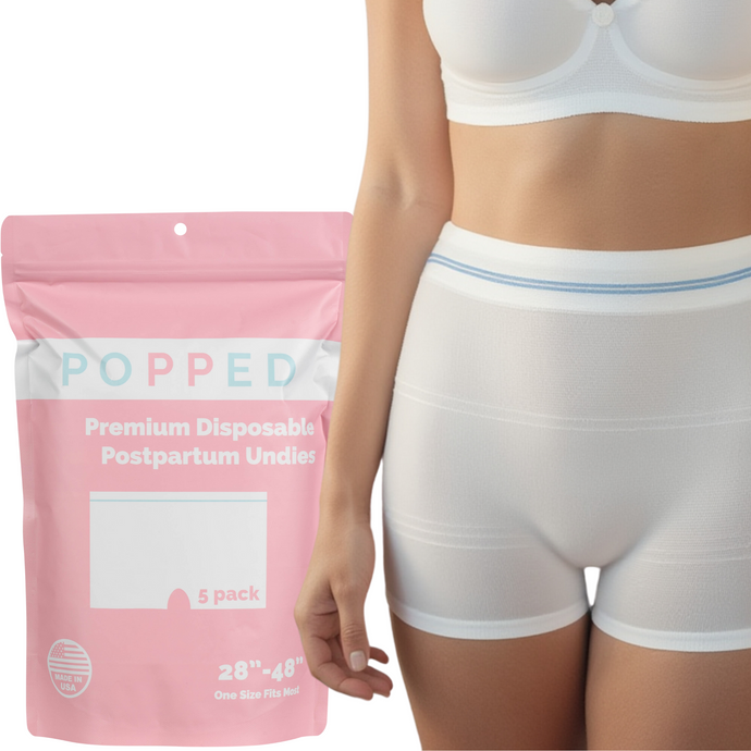 A package of Popped brand disposable postpartum underwear with a visual of the underwear on a model wearing a white bra.